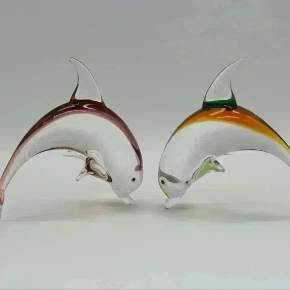 SET OF 2 ART GLASS ORANGE GREEN/VIOLET ORANGE DELPHINS FIGURINE FOR DECORATION - Picture 4 of 5
